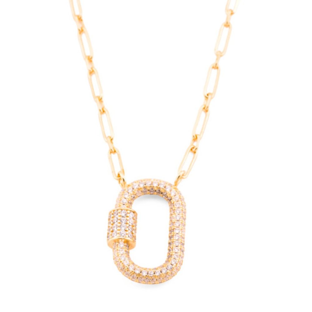 14k Gold Plated Long Link Pave Cz  Lock Necklace